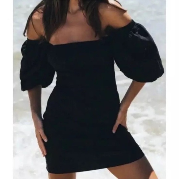 FP Beach Free People Bubbly Puff Sleeve Ribbed Off Shoulder Mini Dress Black Sm - Picture 13 of 13